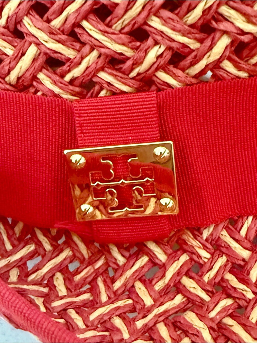 Tory Burch Lobster Red and Natural Woven Straw Fedora with Red Ribbon - Picture 3 of 5